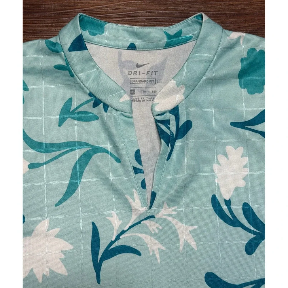 Nike Dri-FIT Women Golf Breathe Blade Collar Polo Teal Floral Grid Sz 2XL